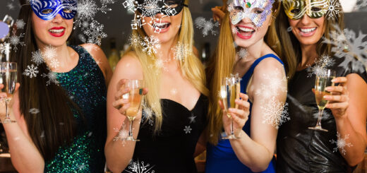 composite-image-of-laughing-friends-wearing-masks-holding-champagne-glasses-scaled