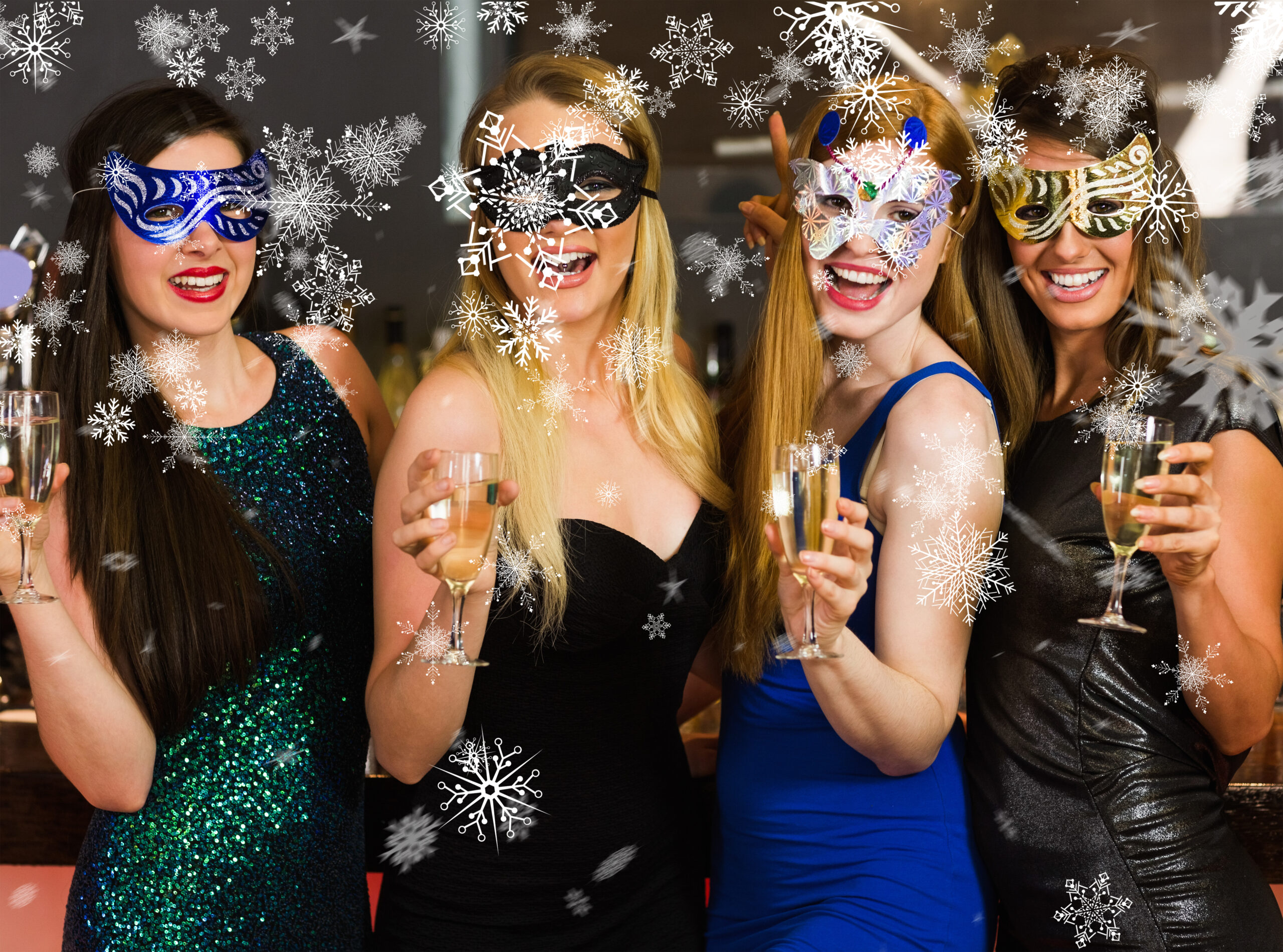 composite-image-of-laughing-friends-wearing-masks-holding-champagne-glasses-scaled